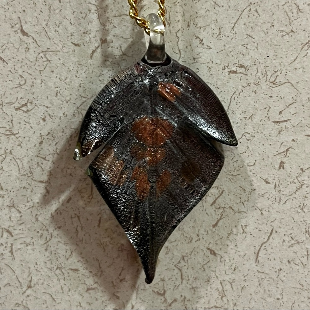 Leaf-Shaped Glass Pendant Necklace On A Gold Toned Chain, Handmade‎
